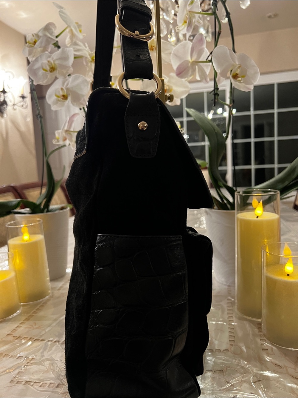 Furla Black Suede Croc Embossed Leather Shoulder Satchel Bag - Picture 8 of 14